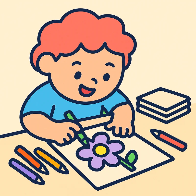 ילד צובע עם עפרונות צבעוניים