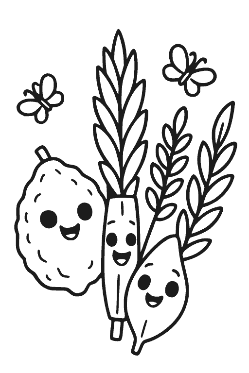 ארבעת המינים מחייכים — דף צביעה סוכות להדפסה