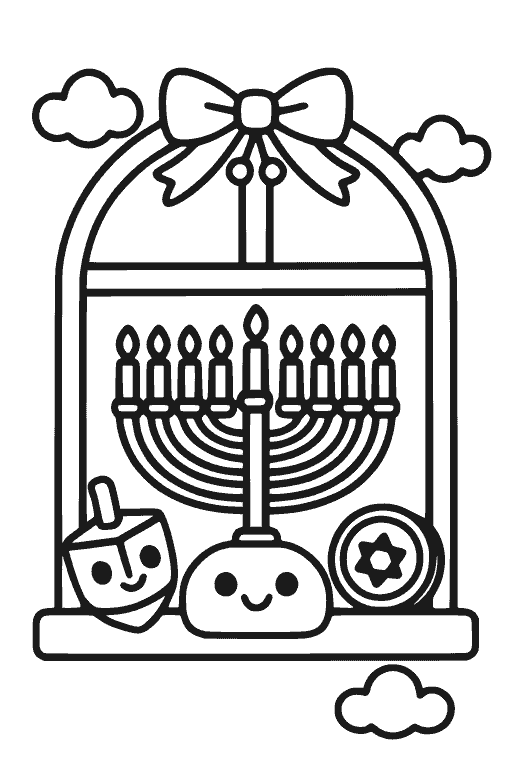 חלון חנוכה מקושט — דף צביעה חנוכה להדפסה