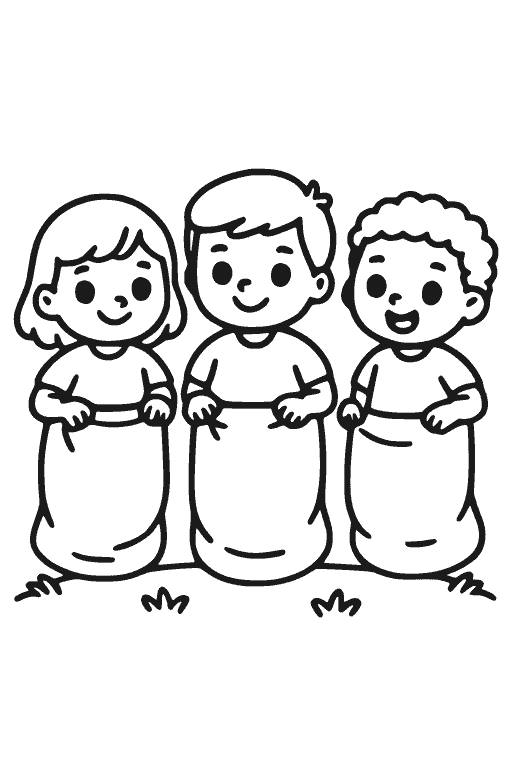 ילדים במרוץ שקים — דף צביעה כדורגל וספורט להדפסה