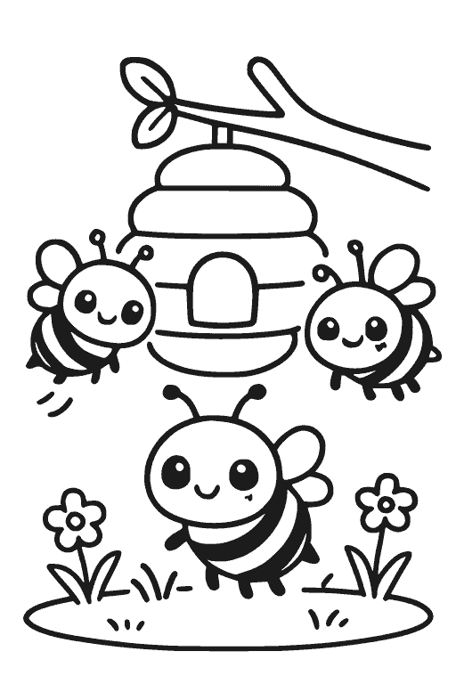 כוורת ודבורים חמודות — דף צביעה טבע ומתוקים להדפסה