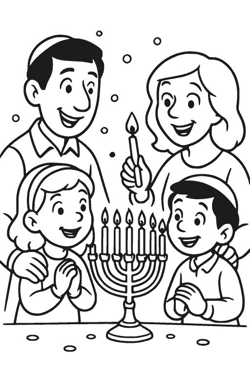 דף צביעה משפחה מדליקה נרות להדפסה