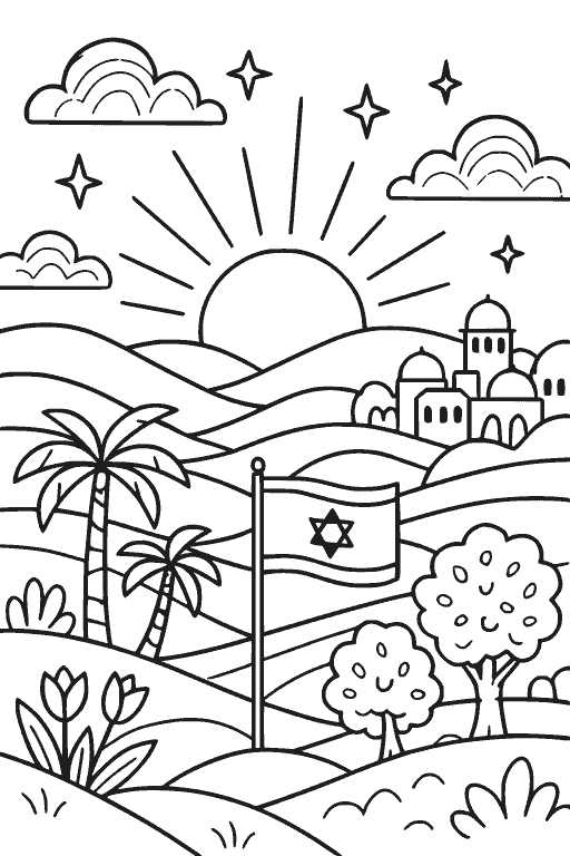 דף צביעה שקיעה בישראל להדפסה